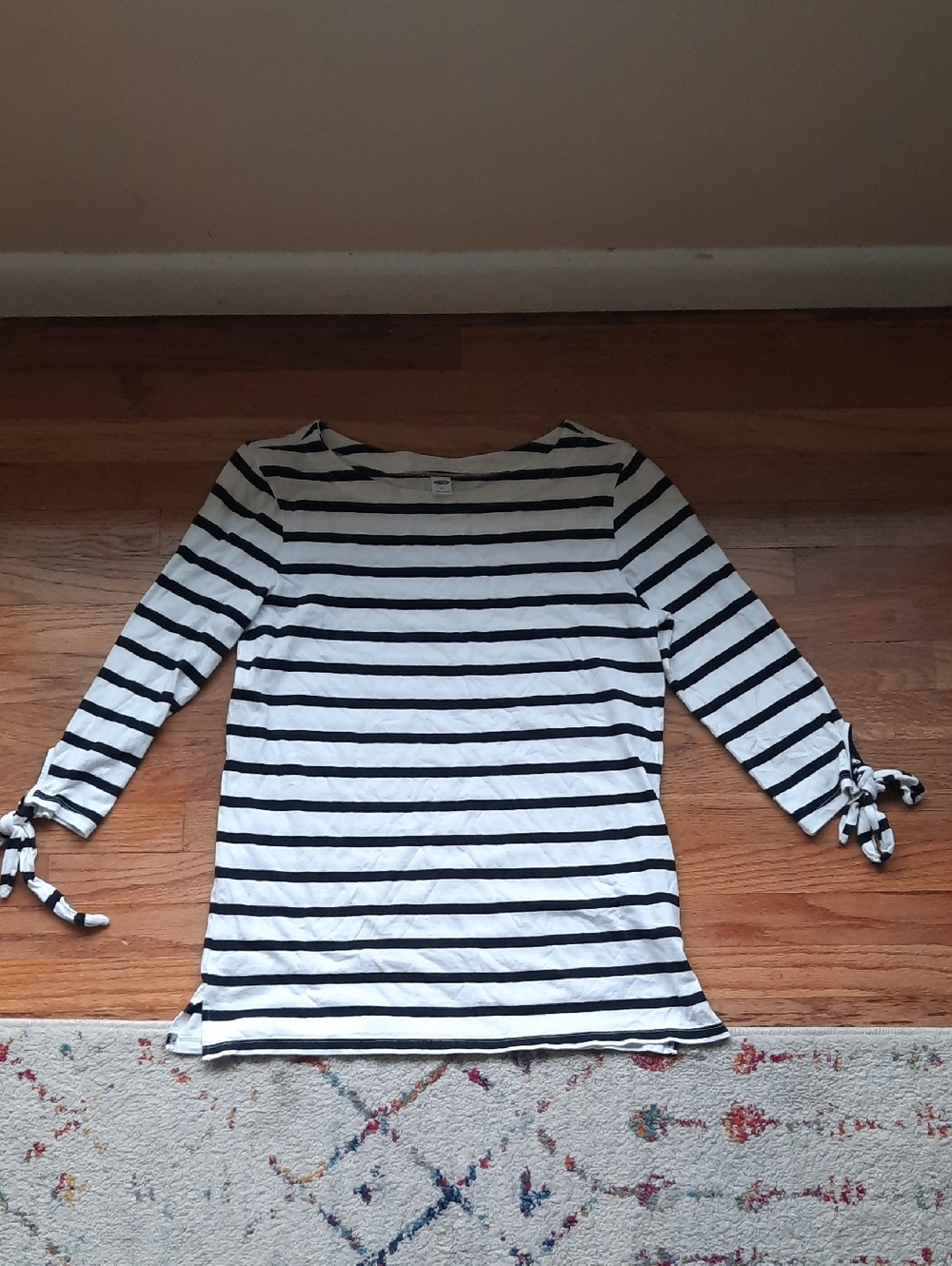 Old Navy Black And White Striped Top Tie Sleeve